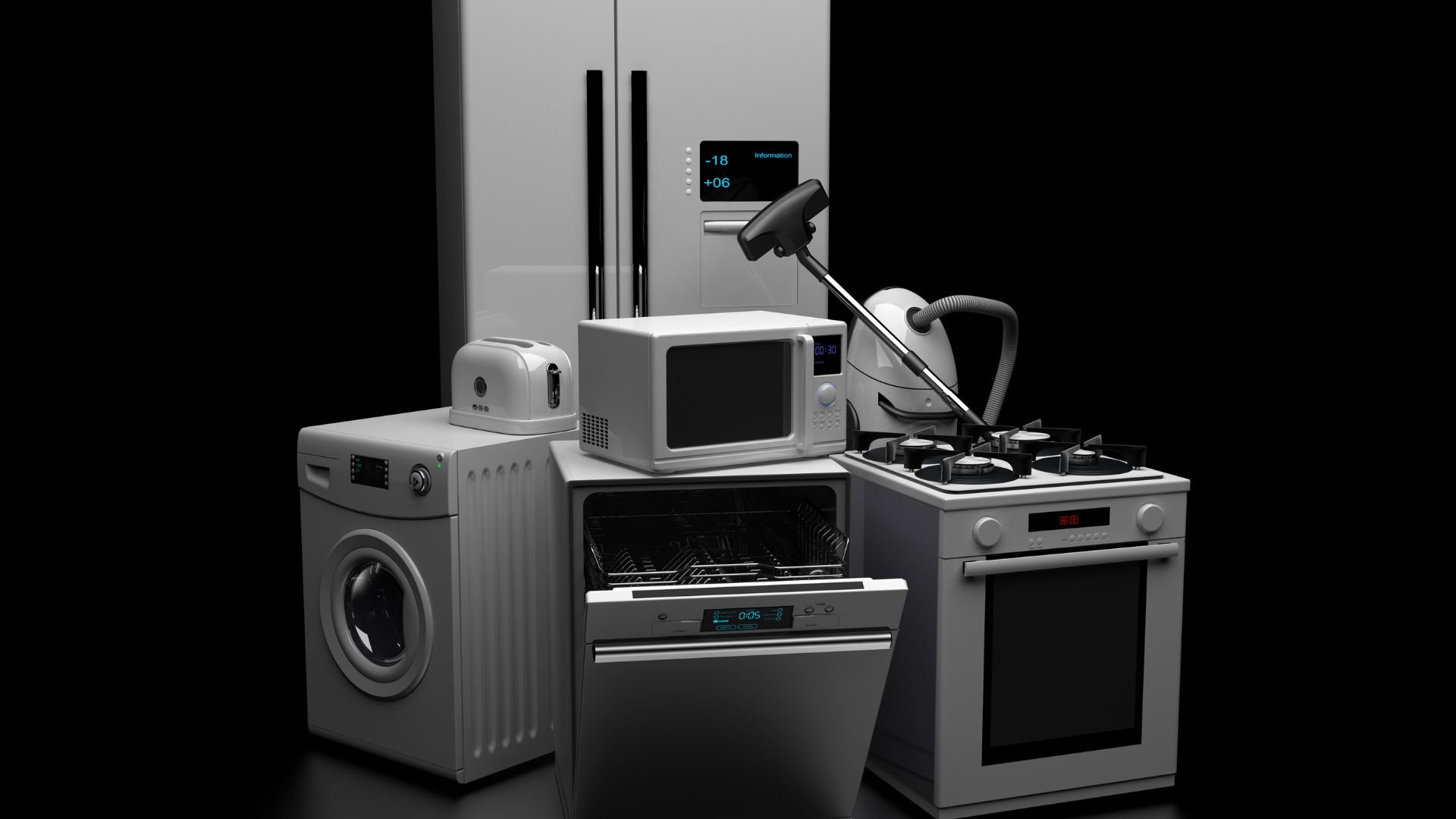 Modern kitchen appliances including washer, oven, microwave, and toaster